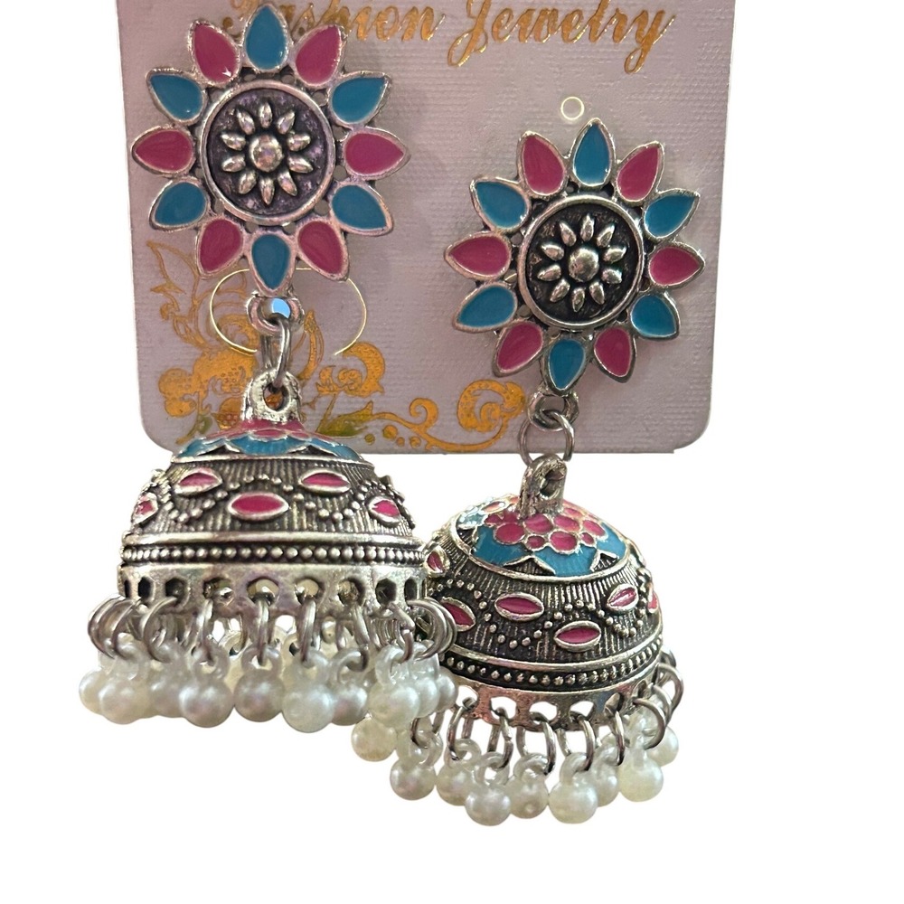 Indian Jhumka Earrings – Floral Enamel Dome Dangle Earrings with Pearl Fringe